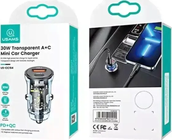 Ładowarka Usams Ładowarka samochodowa USAMS C32 1xUSB+1xUSB-C 30W Fast Charge niebieski/blue (US-CC164)