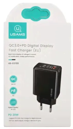 Адаптер сетевой 2USB-C USAMS US-CC133 T40 (PD+QC) черный 3400мА 20Вт-2