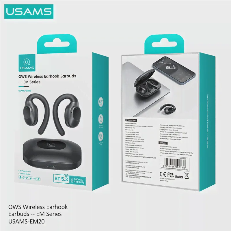Наушники USAMS EM20 с заушным крючком, Bluetooth 5,3, игровая Спортивная гарнитура с низкой задержкой, Hi-Fi стерео наушники-вкладыши с шумоподавлением для бега (art.: 3920c2a4468ec)-2