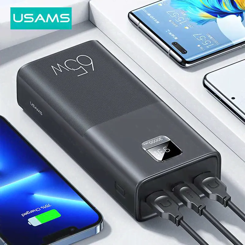 USAMS 65W Power Bank 30000mAh PD Quick Charge SCP FCP Powerbank Portable External Battery Charger For Phone Laptop Tablet Mac