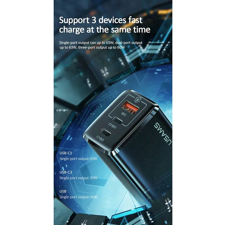 Сетевой адаптер USAMS US-CC110 T33 65W GaN Чёрный CC110TC01-1