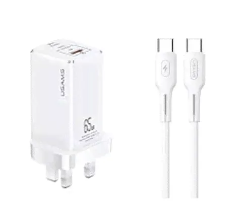USAMS GAN 65W USB C Charger Quick Charge USB Type C Fast Charger + Type-C Cable - White-0