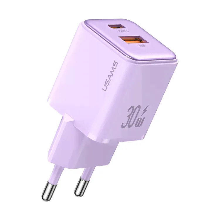 USAMS US-CC189 PD 30W Charger Adapter with Type-C+USB-A Dual Port Electroplated Mini Portable Wall Charger (EU Plug) - Purple